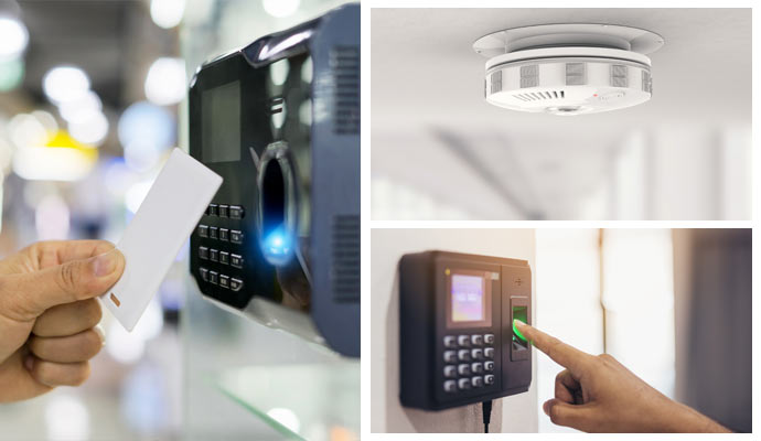 Key card reader, biometric and smoke detector